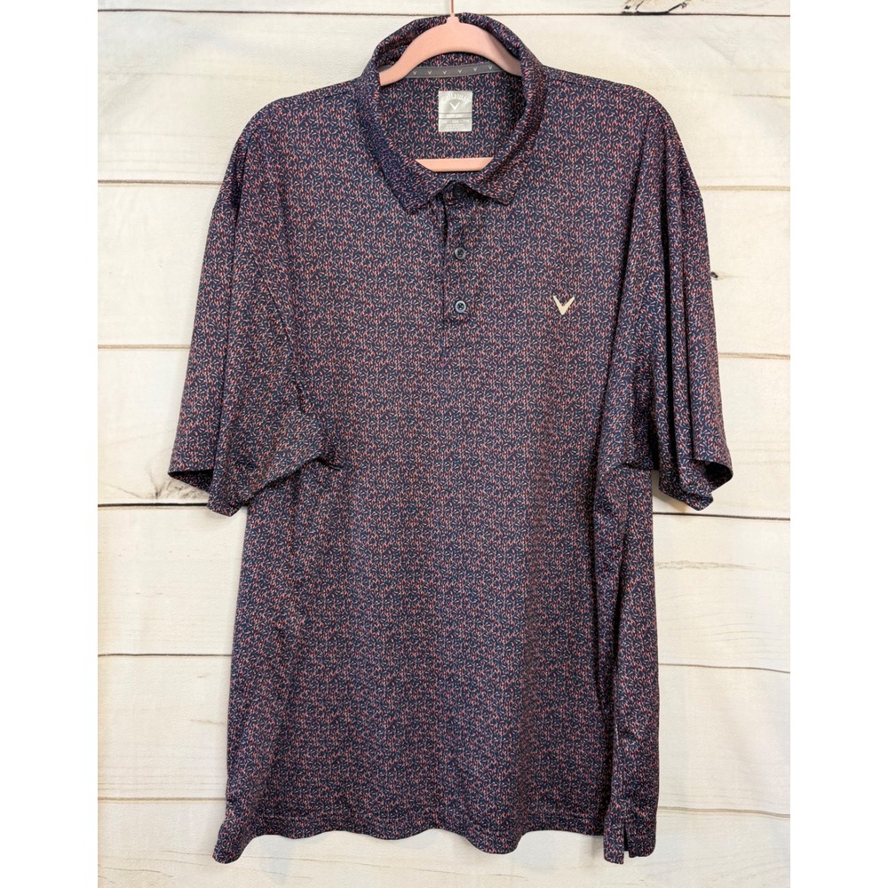 Callaway Mens Opti-Dri Micro Print Golf Polo Shirt Navy Orange XXL CGKSF0L9‎